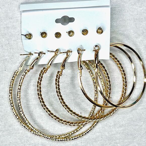 NWT Glamorous 6 Elegant Mix textured Big Gold Hoops and Studs Earring Set - Picture 4 of 4
